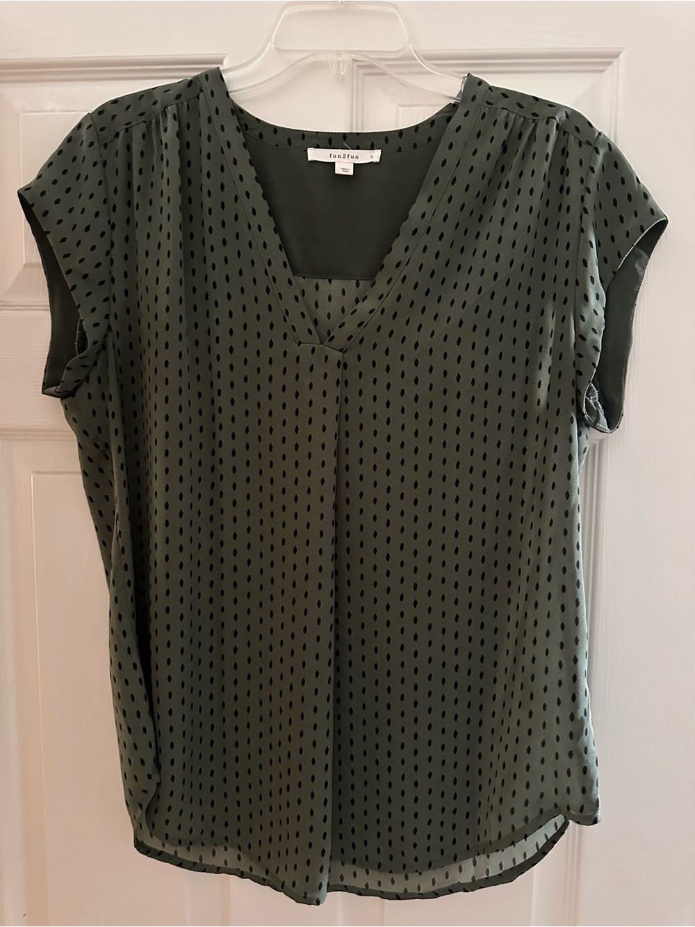 Fun 2 Fun Olive Green V-Neck Cap Sleeve Blouse with Black Dot Print